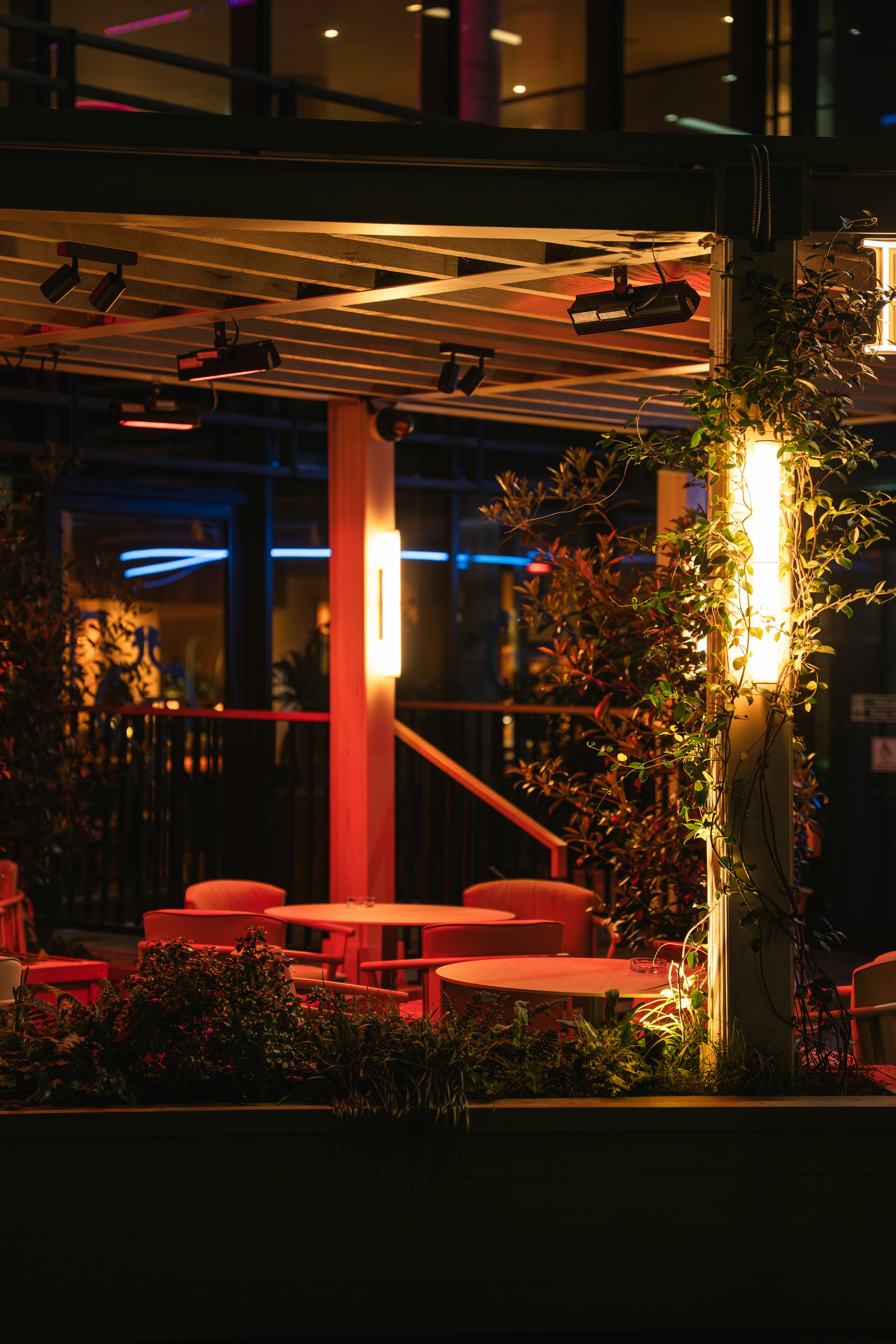 Real restaurant patio with warm evening light