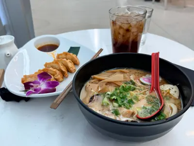 Reference photograph of ramen with a separate plate of golden gyoza and an iced drink