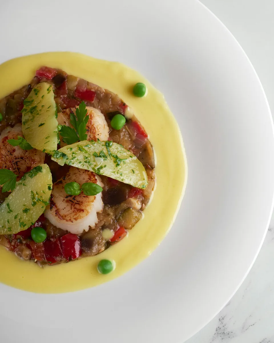 Seared scallops with ratatouille, Pernod sauce and herbs on a white plate